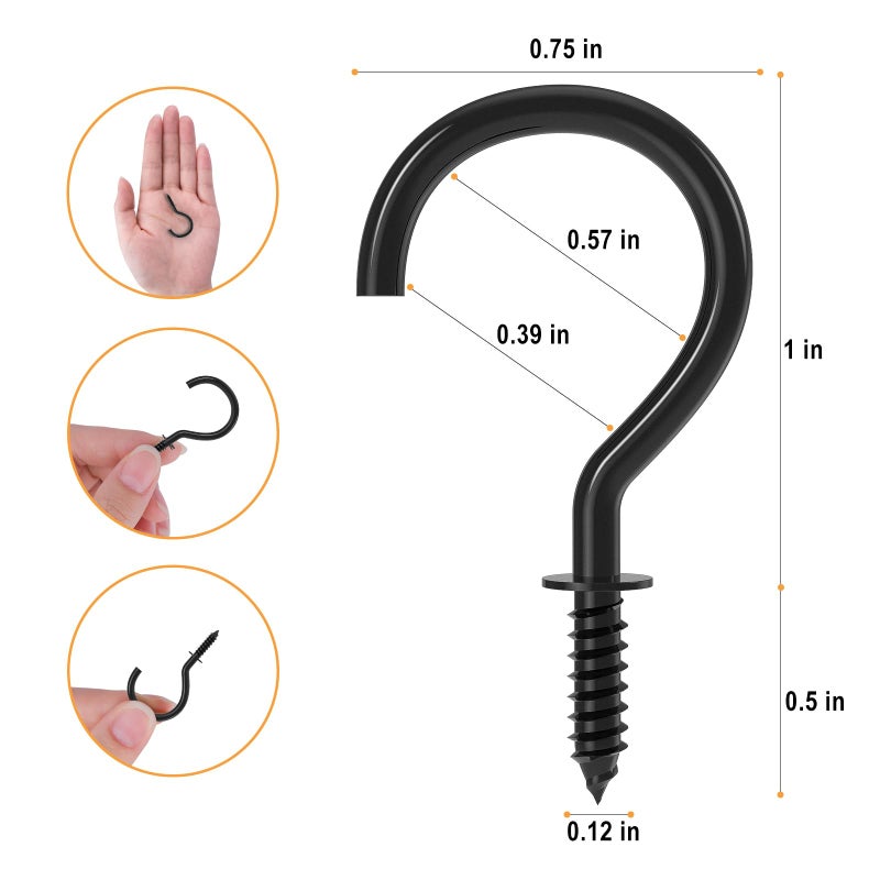 RELBRO 100 Pcs Screw Hooks  1 Inch Cup Hooks Screw in Mug Hooks Metal Heavy Duty Screw in Wall Hooks Ceiling Hooks Indoor Outdoor for Utensils Plants Lights Decors Black - Image 3